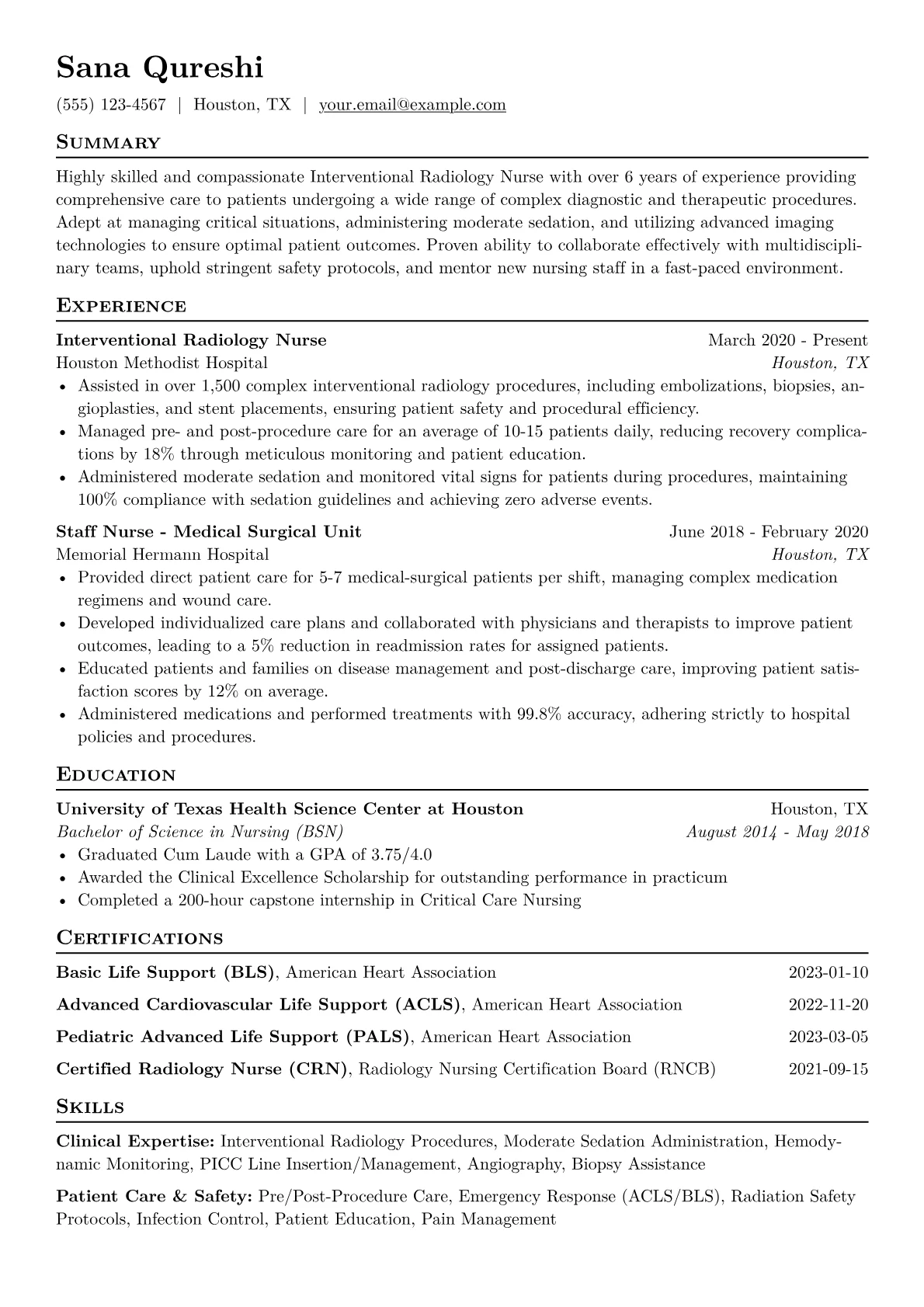 Interventional Radiology Nurse Resume Example CV template - Page 1