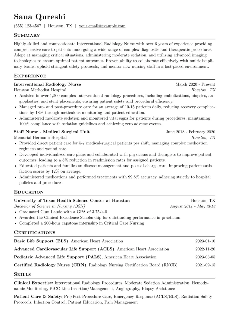 Interventional Radiology Nurse Resume Example CV template preview