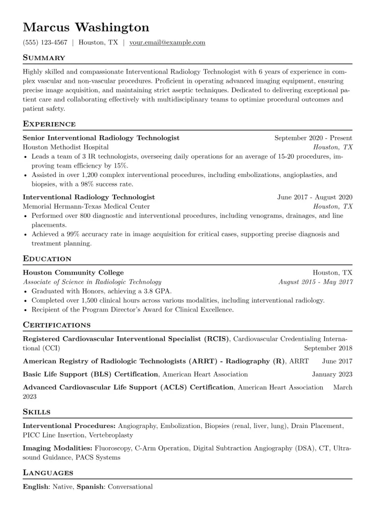 Interventional Radiology Technologist Resume Example CV template preview
