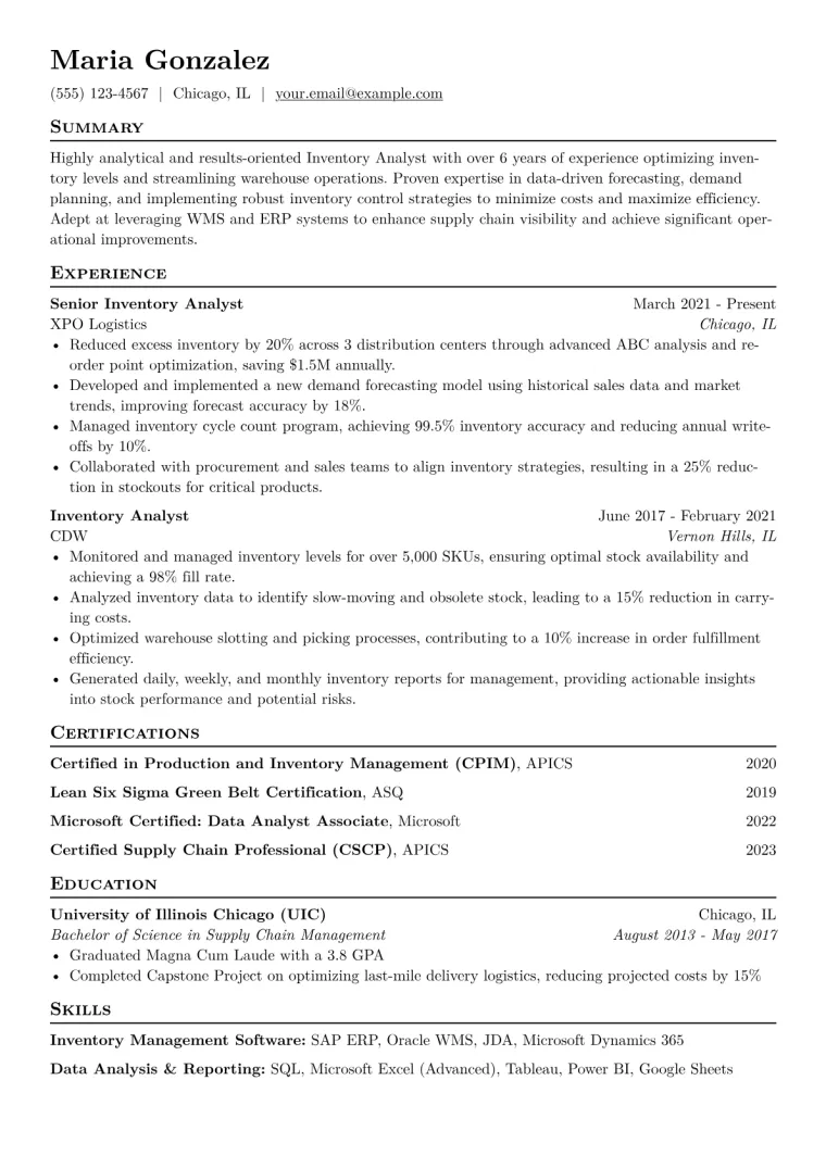 Inventory Analyst Resume Example CV template preview