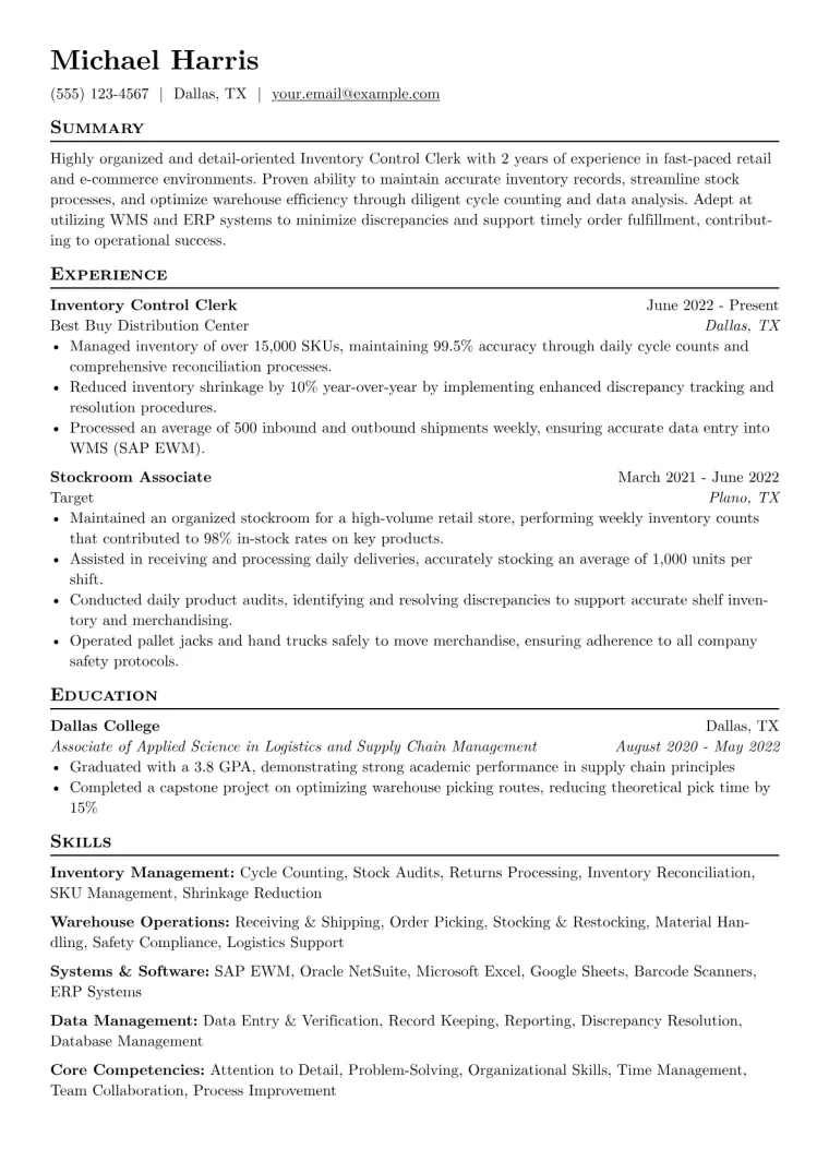 Inventory Control Clerk Resume Example CV template preview