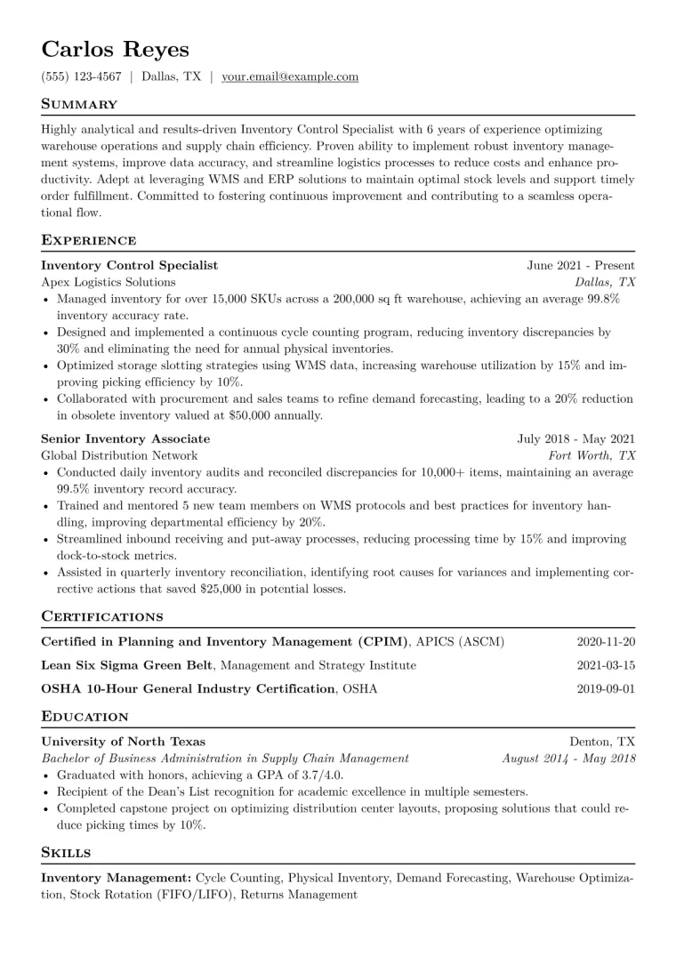 Inventory Control Specialist Resume Example CV template preview