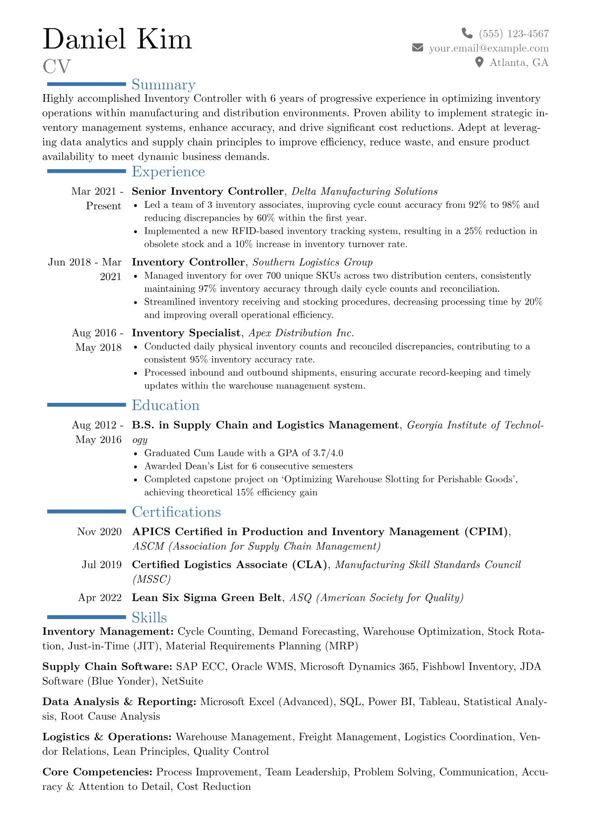 Inventory Controller Resume Example CV template - Page 1