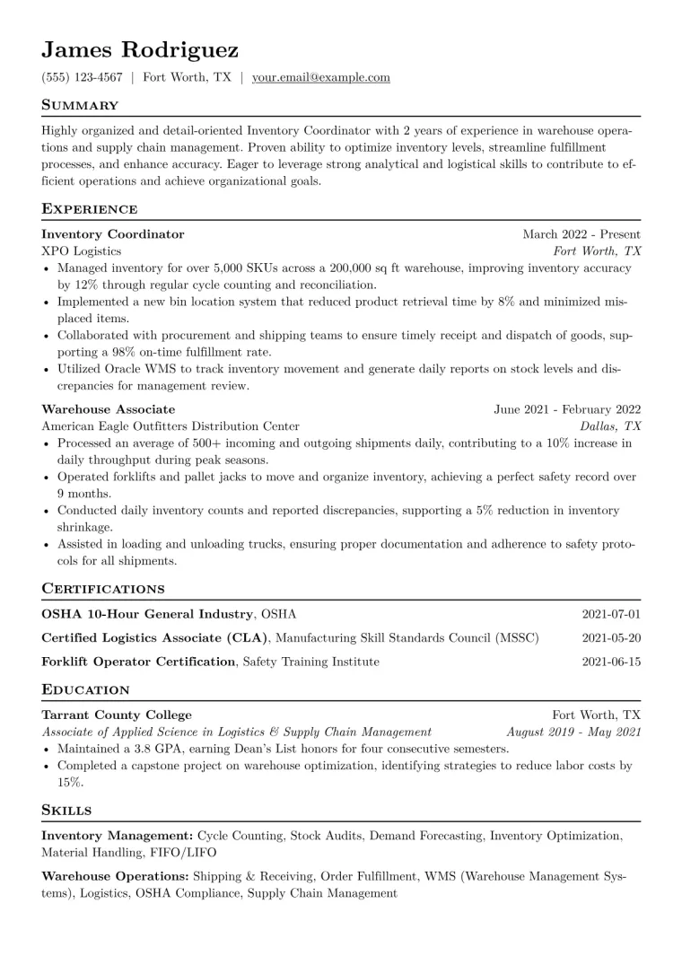 Inventory Coordinator Resume Example CV template preview
