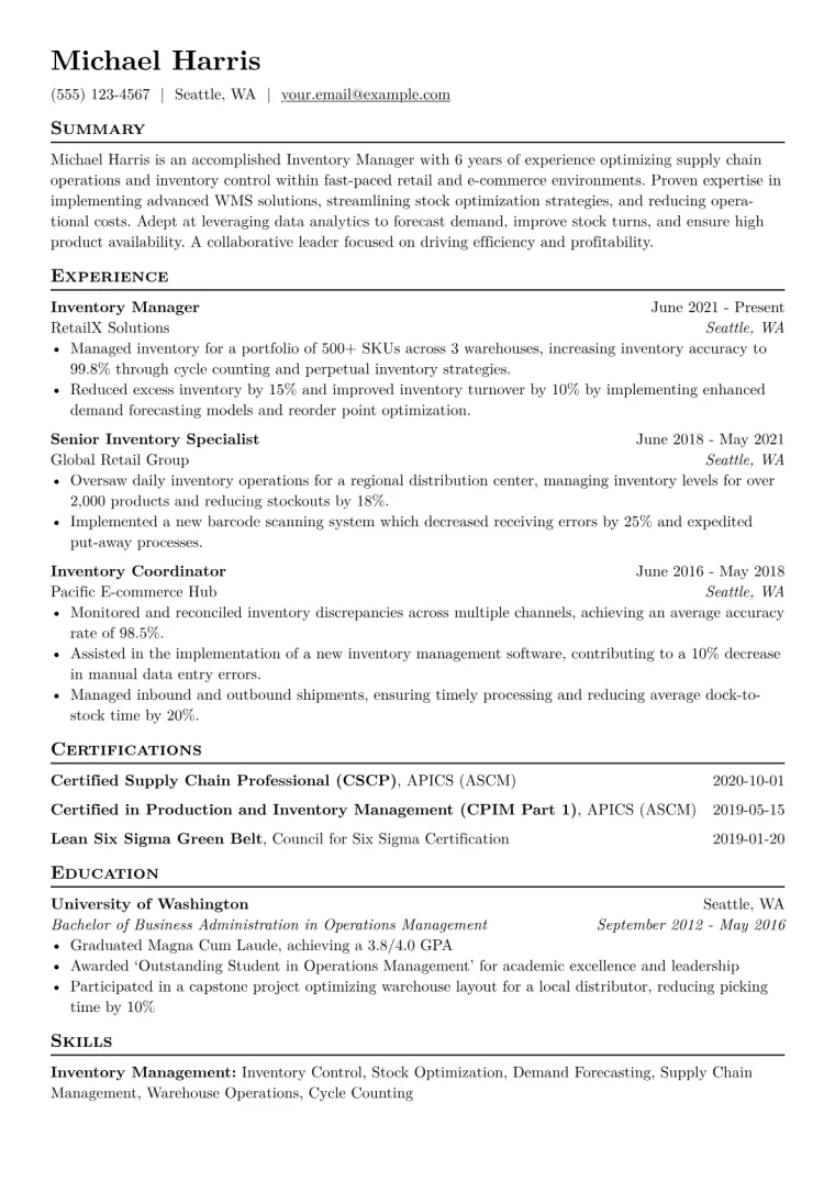 Inventory Manager Resume Example CV template preview