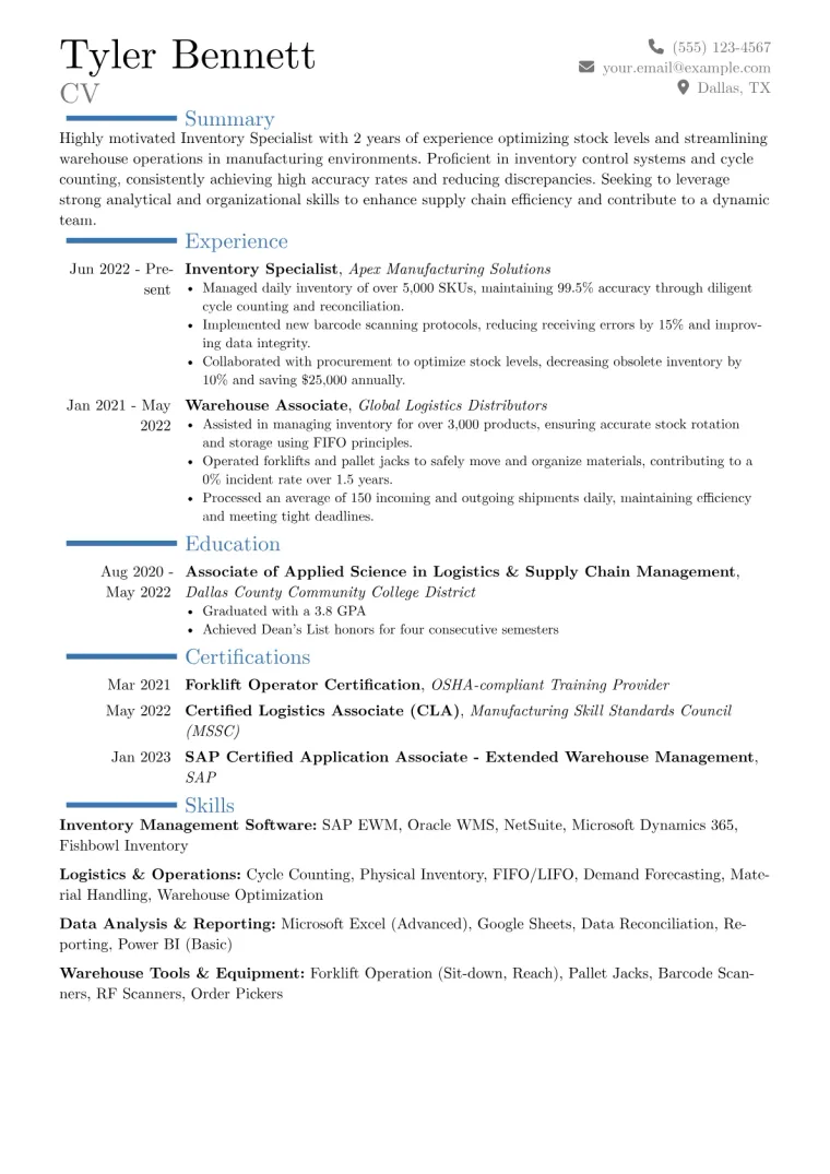 Inventory Specialist Resume Example CV template preview