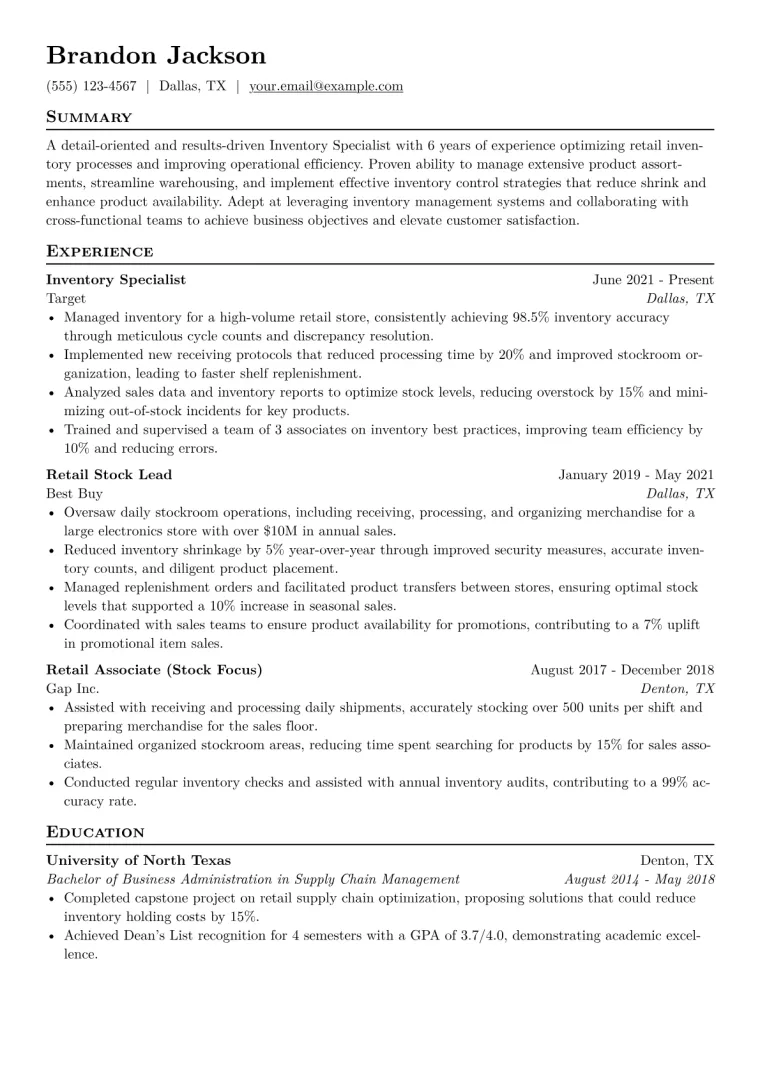 Inventory Specialist Retail Resume Example CV template preview