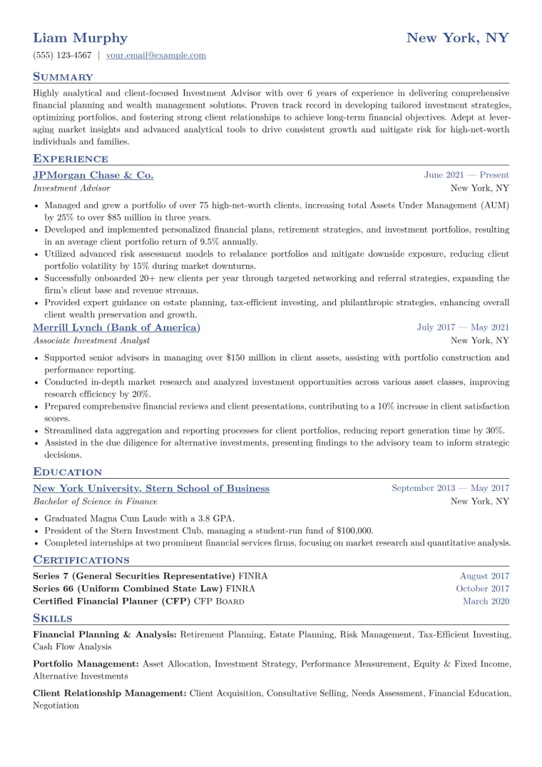 Investment Advisor Resume Example CV template preview