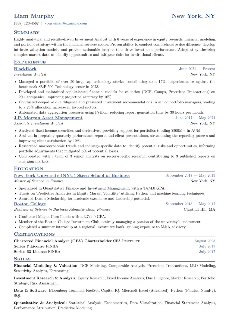 Investment Analyst Resume Example