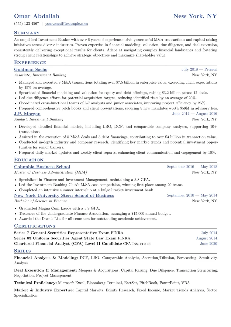 Investment Banker Resume Example CV template preview