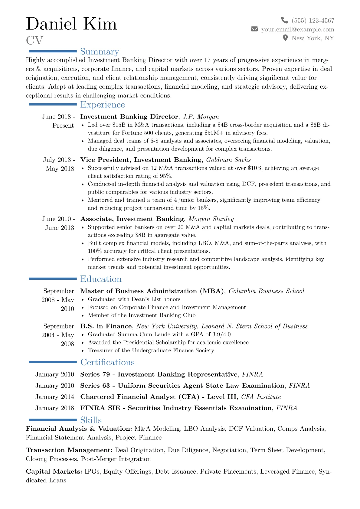 Investment Banking Director Resume Example CV template - Page 1