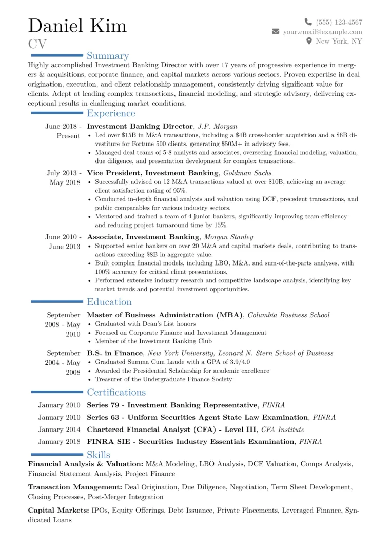 Investment Banking Director Resume Example CV template preview
