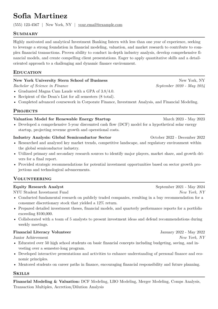 Investment Banking Intern Resume Example