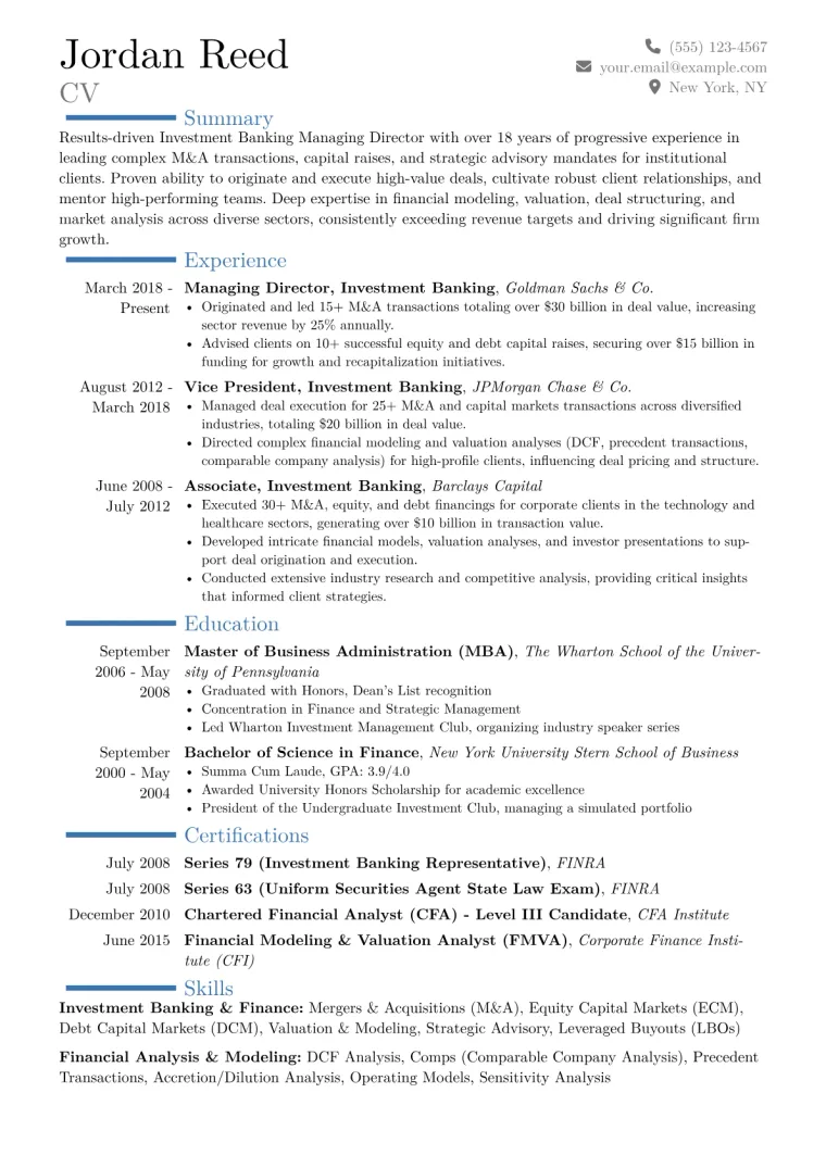 Investment Banking Managing Director Resume Example CV template preview