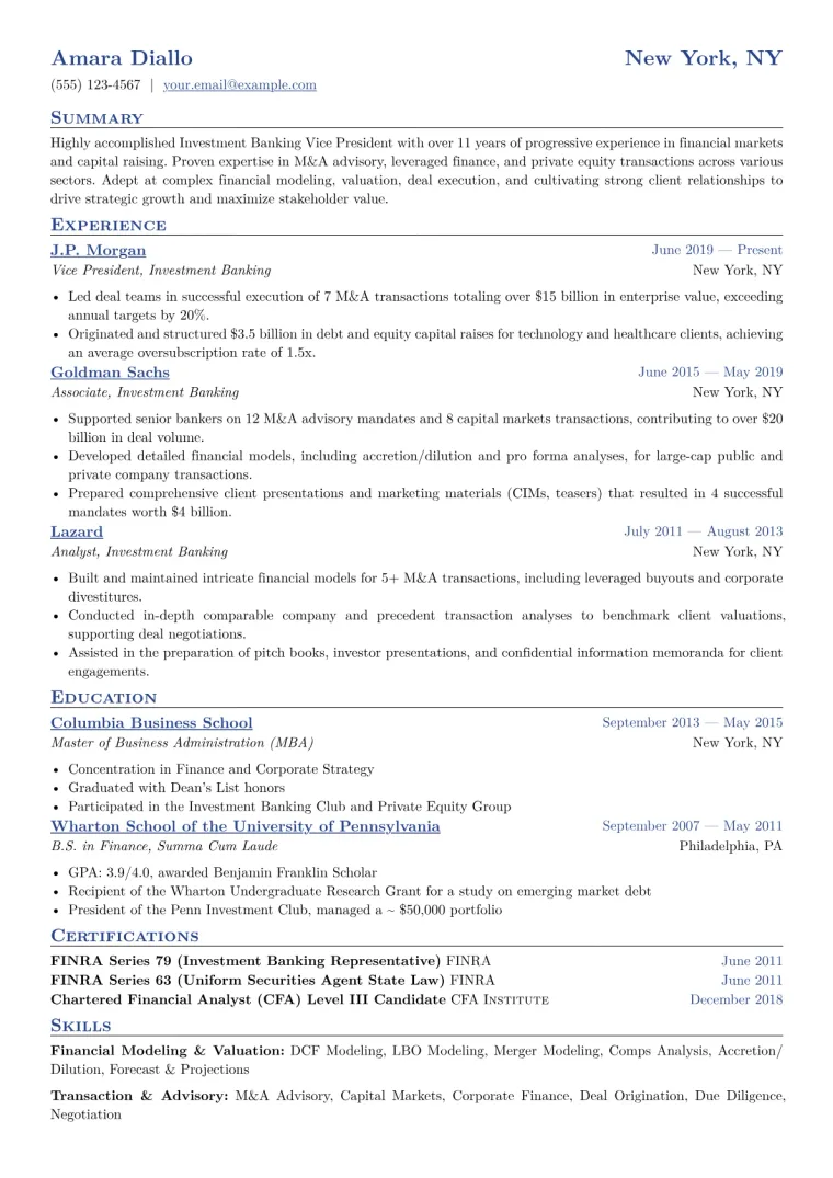 Investment Banking VP Resume Example CV template preview