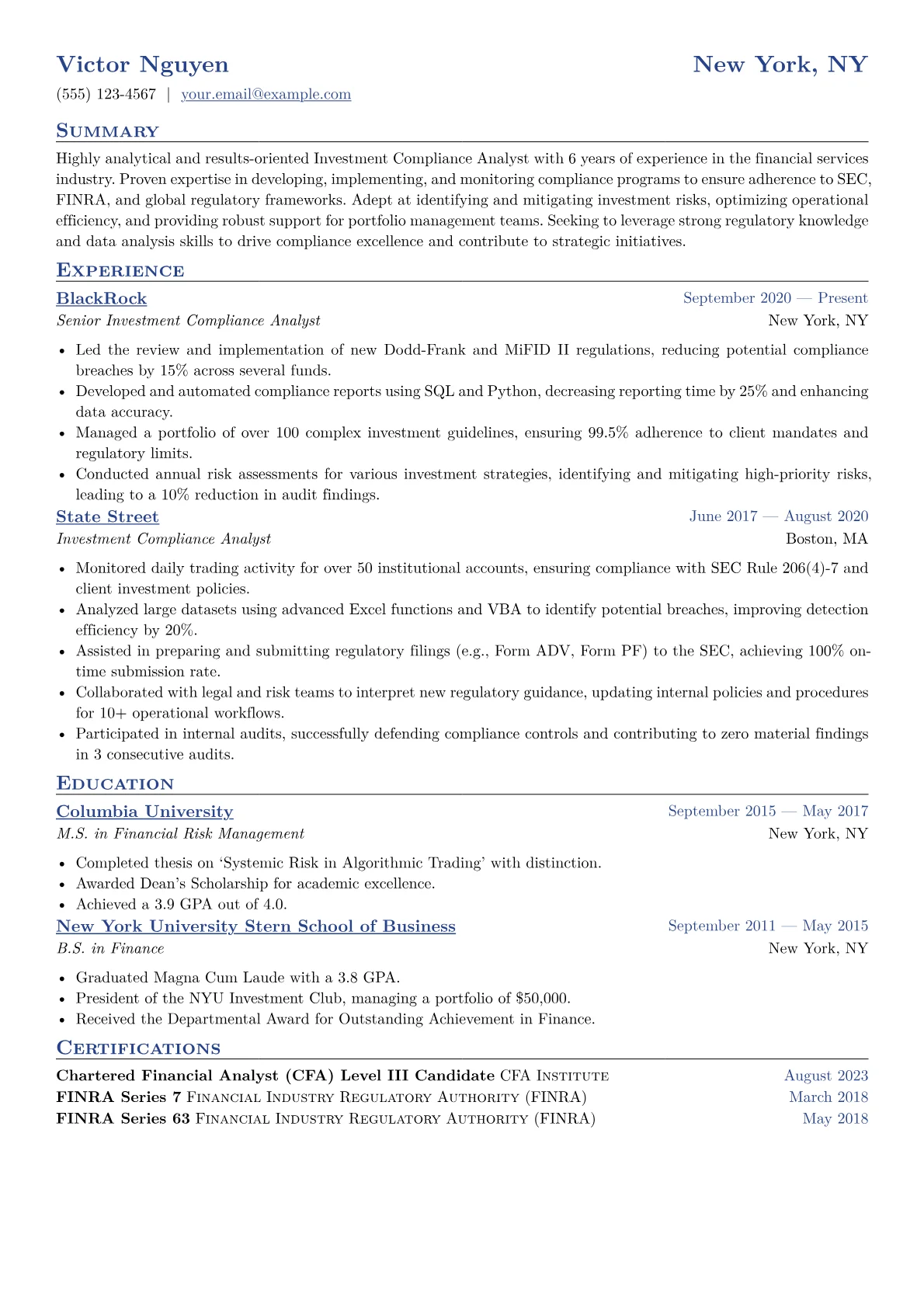 Investment Compliance Analyst Resume Example CV template - Page 1