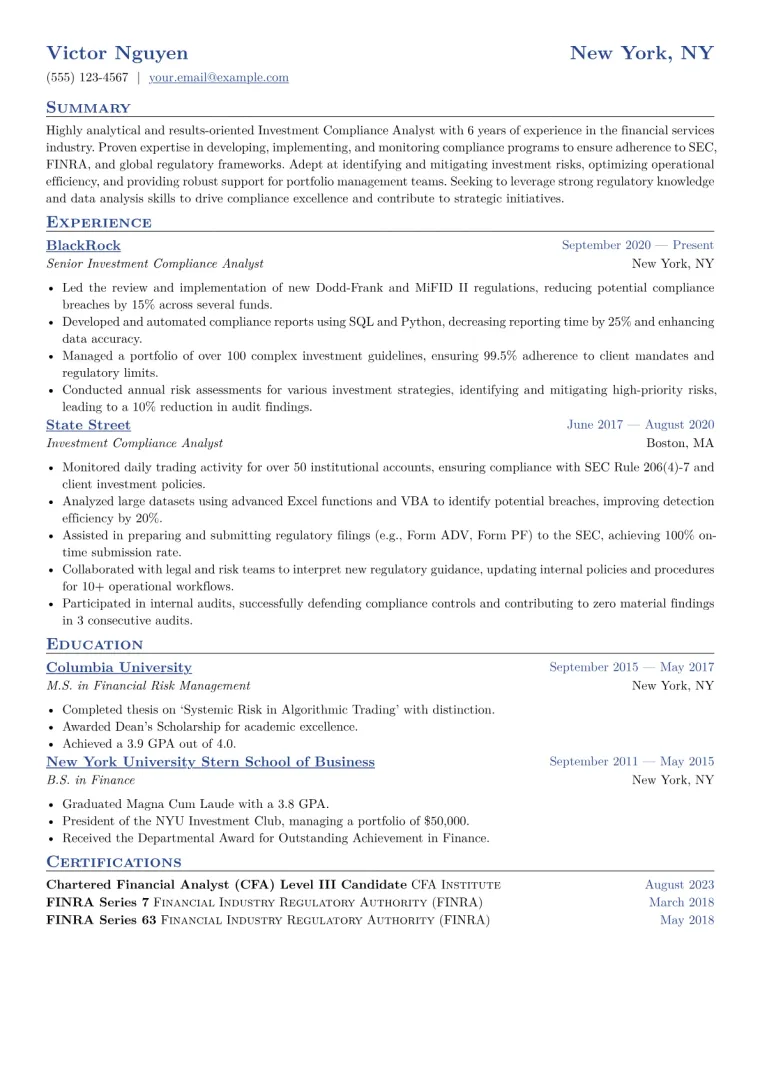Investment Compliance Analyst Resume Example CV template preview