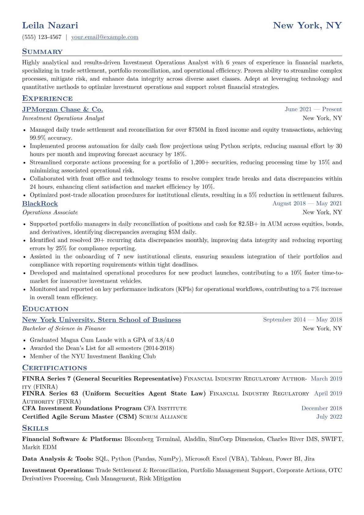Investment Operations Analyst Resume Example CV template - Page 1