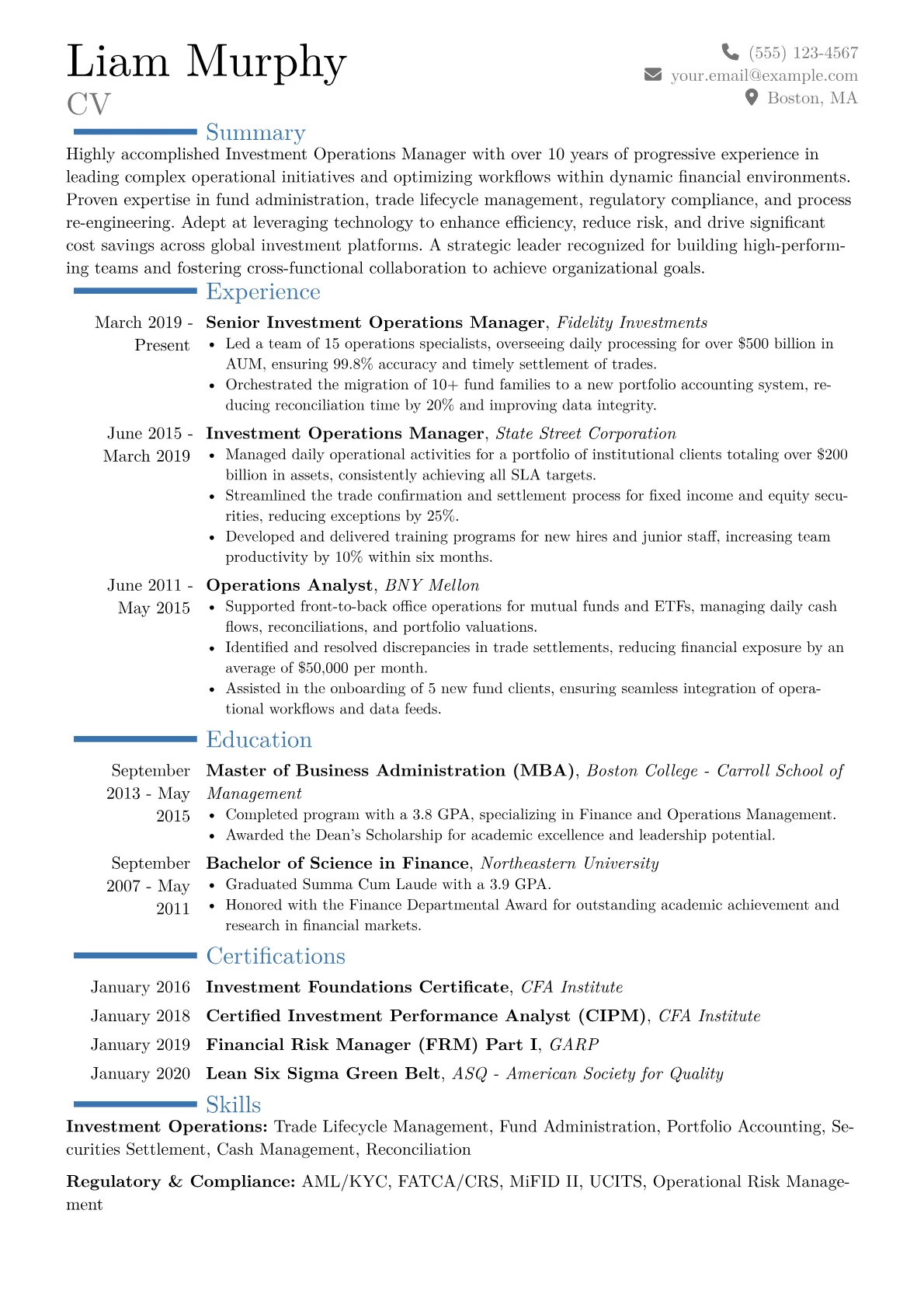Investment Operations Manager Resume Example CV template - Page 1