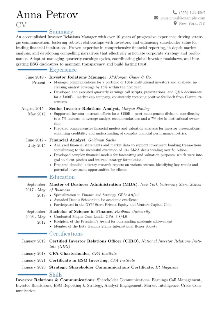 Investor Relations Manager Resume Example CV template preview
