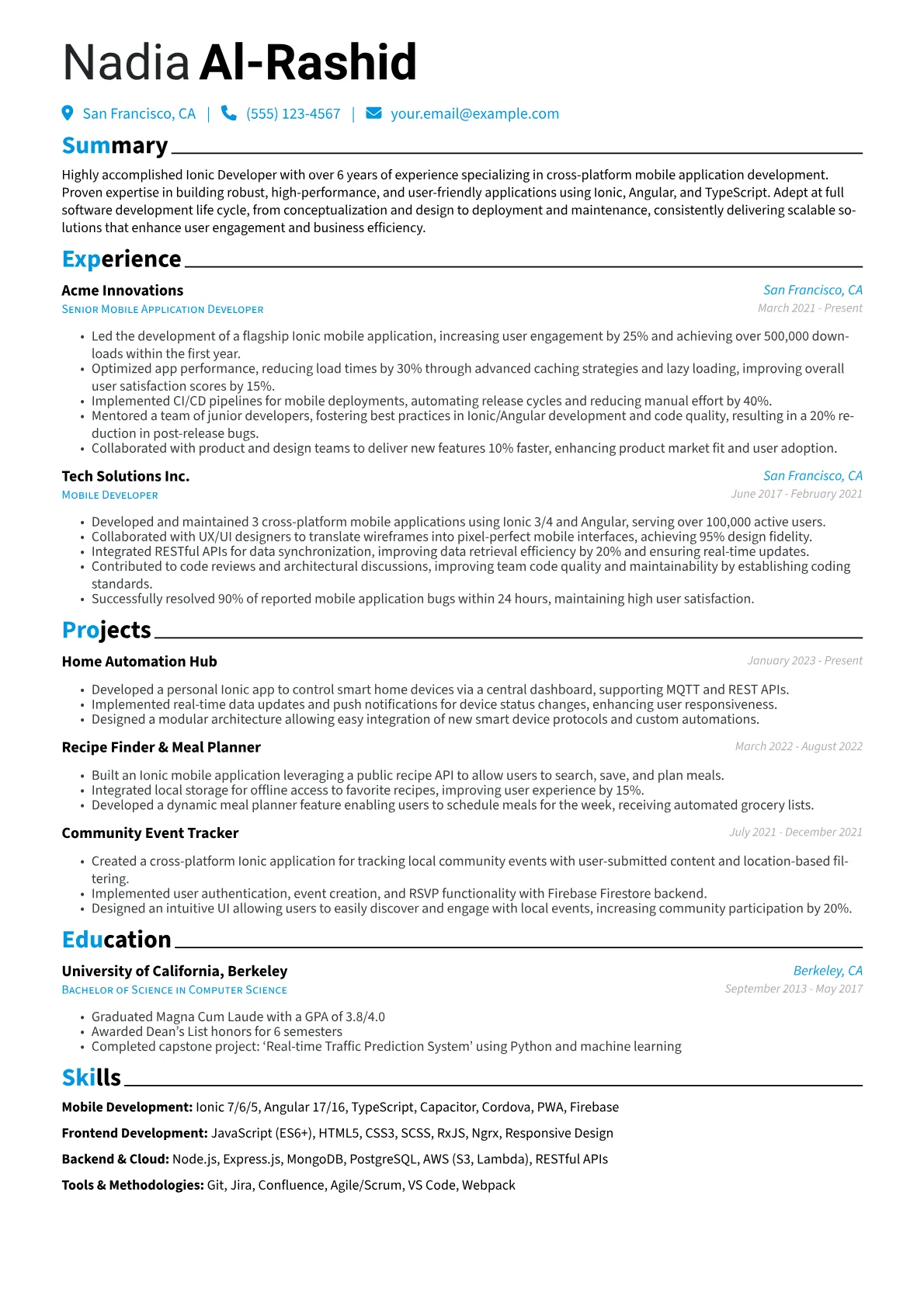Ionic Developer Resume Example CV template - Page 1
