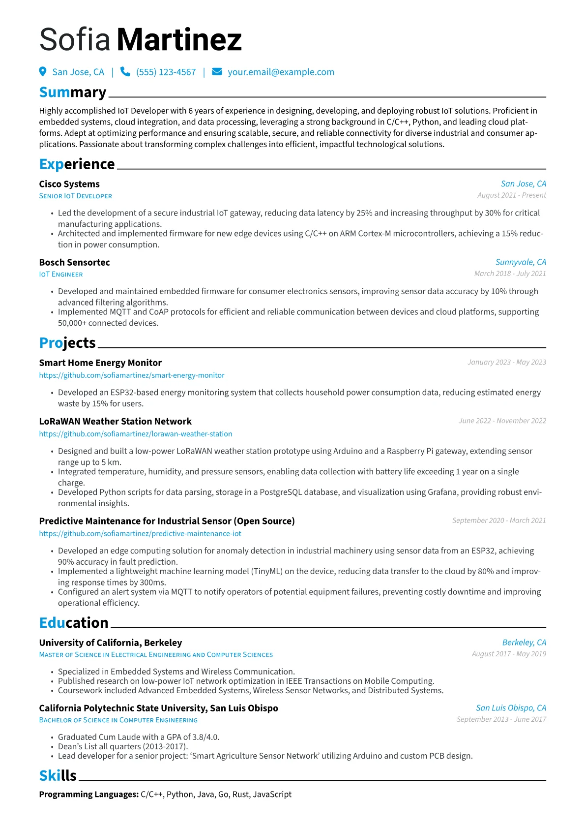 IoT Developer Resume Example CV template - Page 1