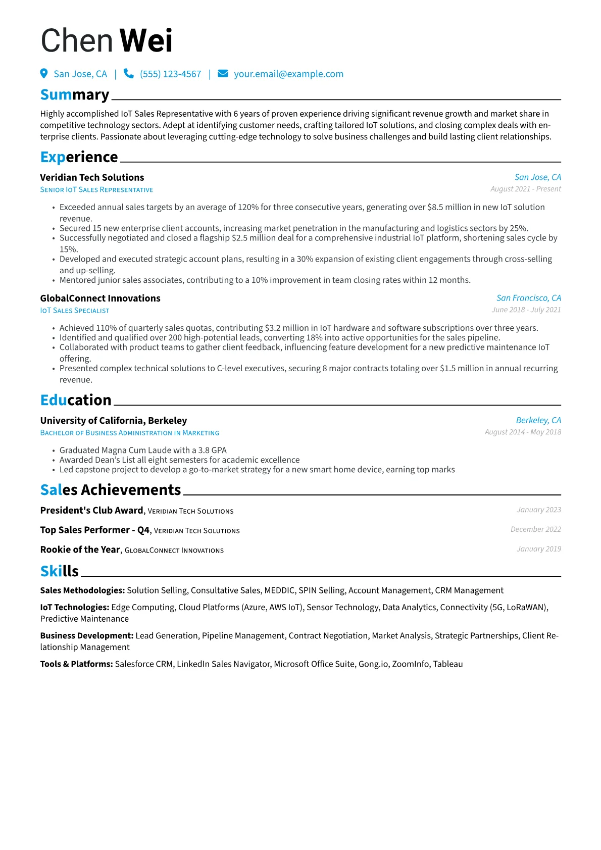 IoT Sales Representative Resume Example CV template - Page 1