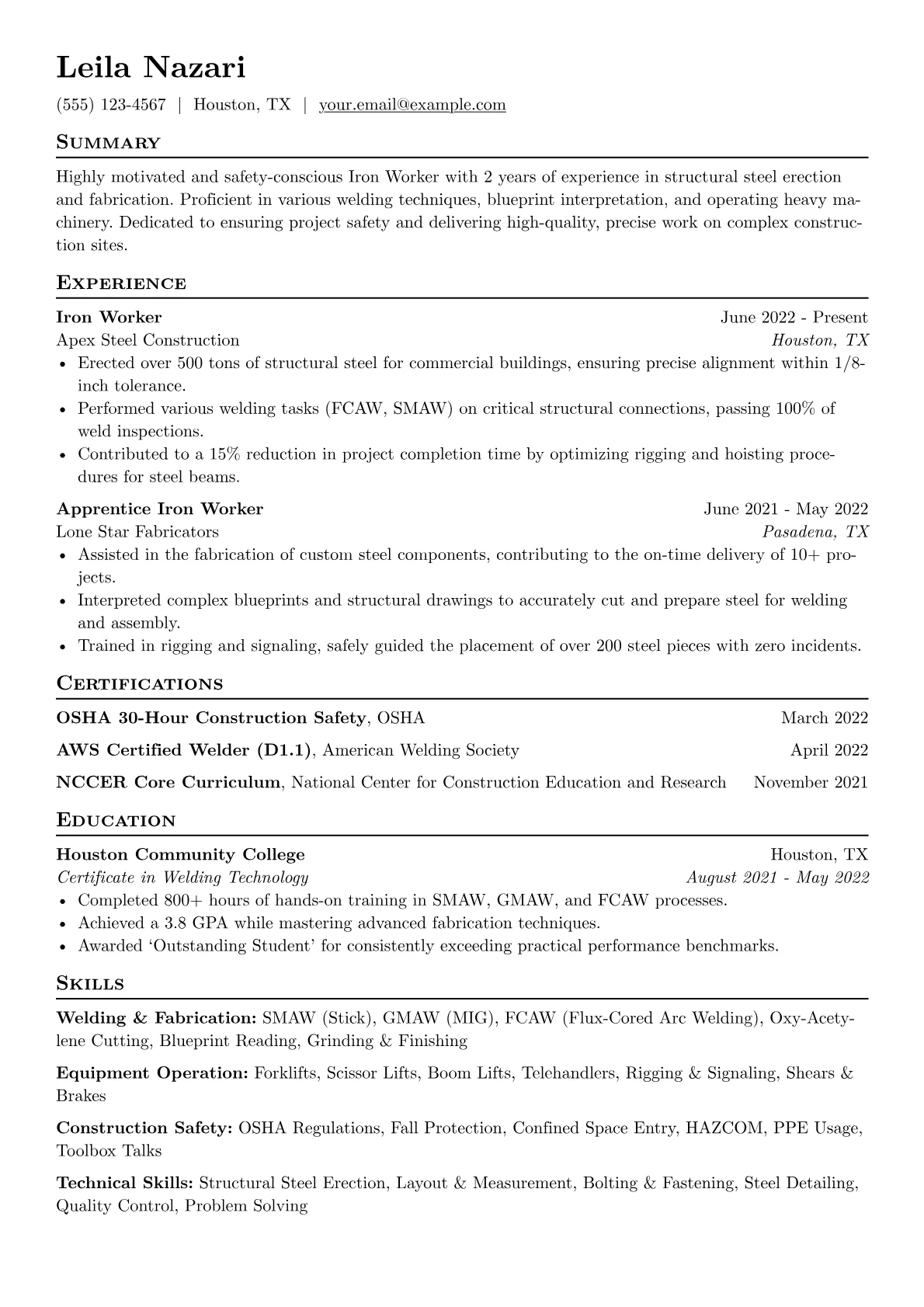 Iron Worker Resume Example CV template - Page 1