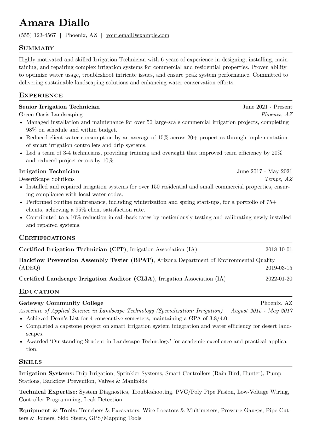 Irrigation Technician Resume Example CV template - Page 1