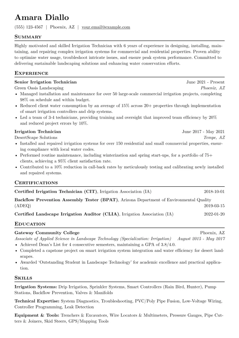 Irrigation Technician Resume Example CV template preview
