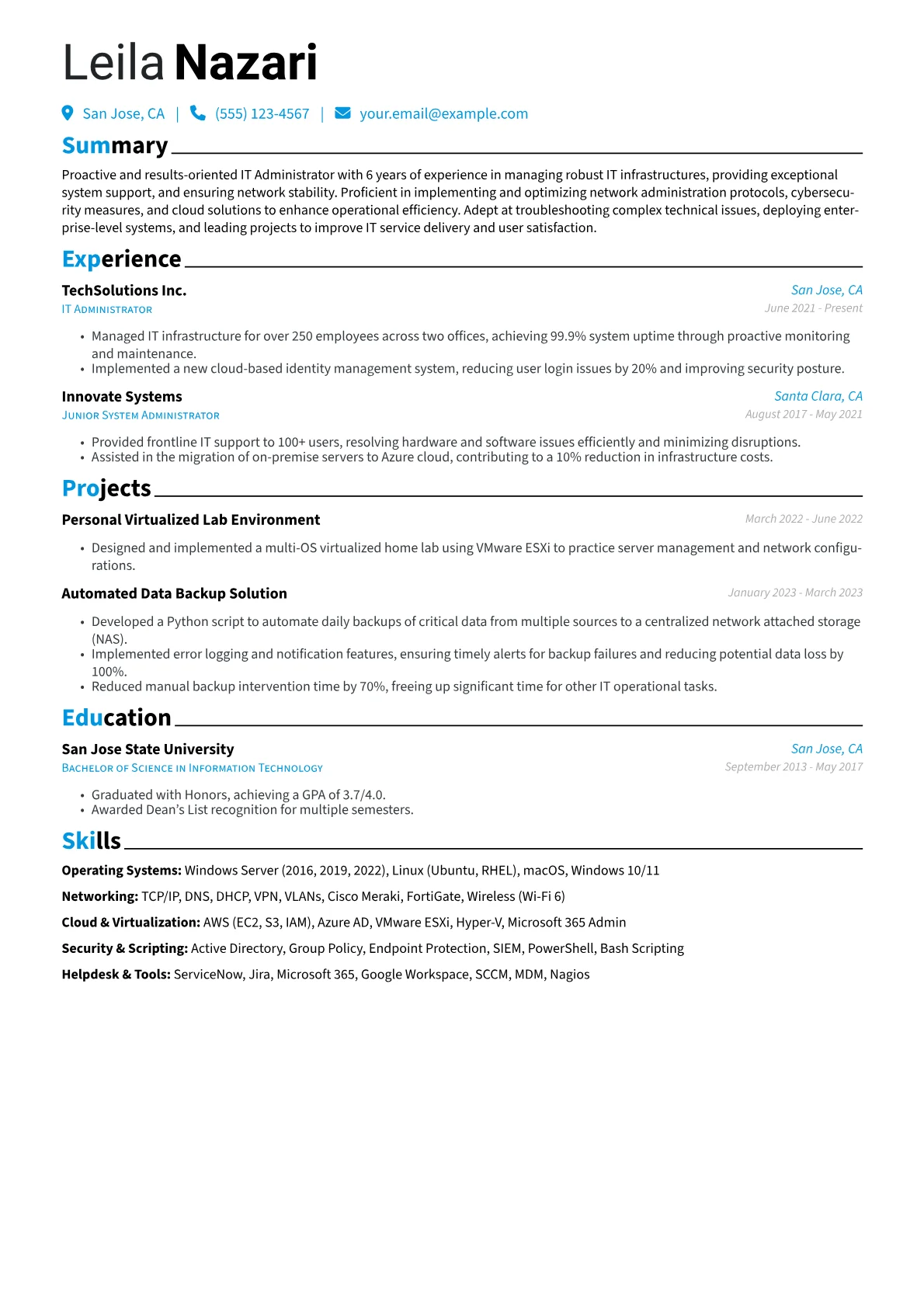 IT Administrator Resume Example CV template - Page 1
