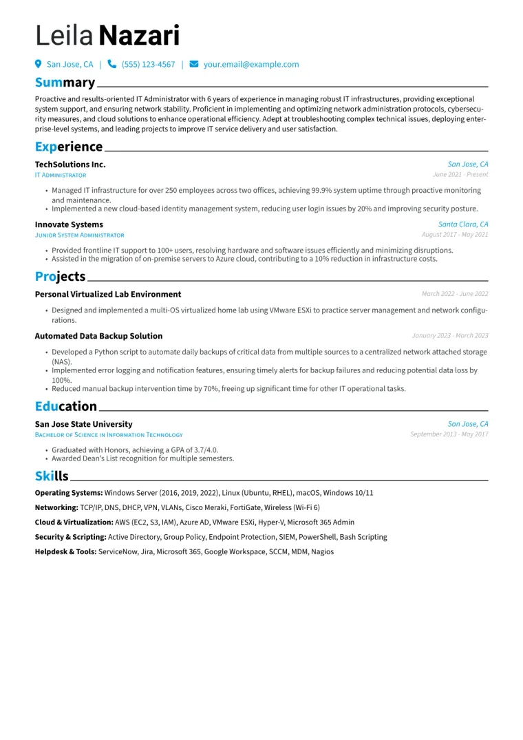 IT Administrator Resume Example CV template preview
