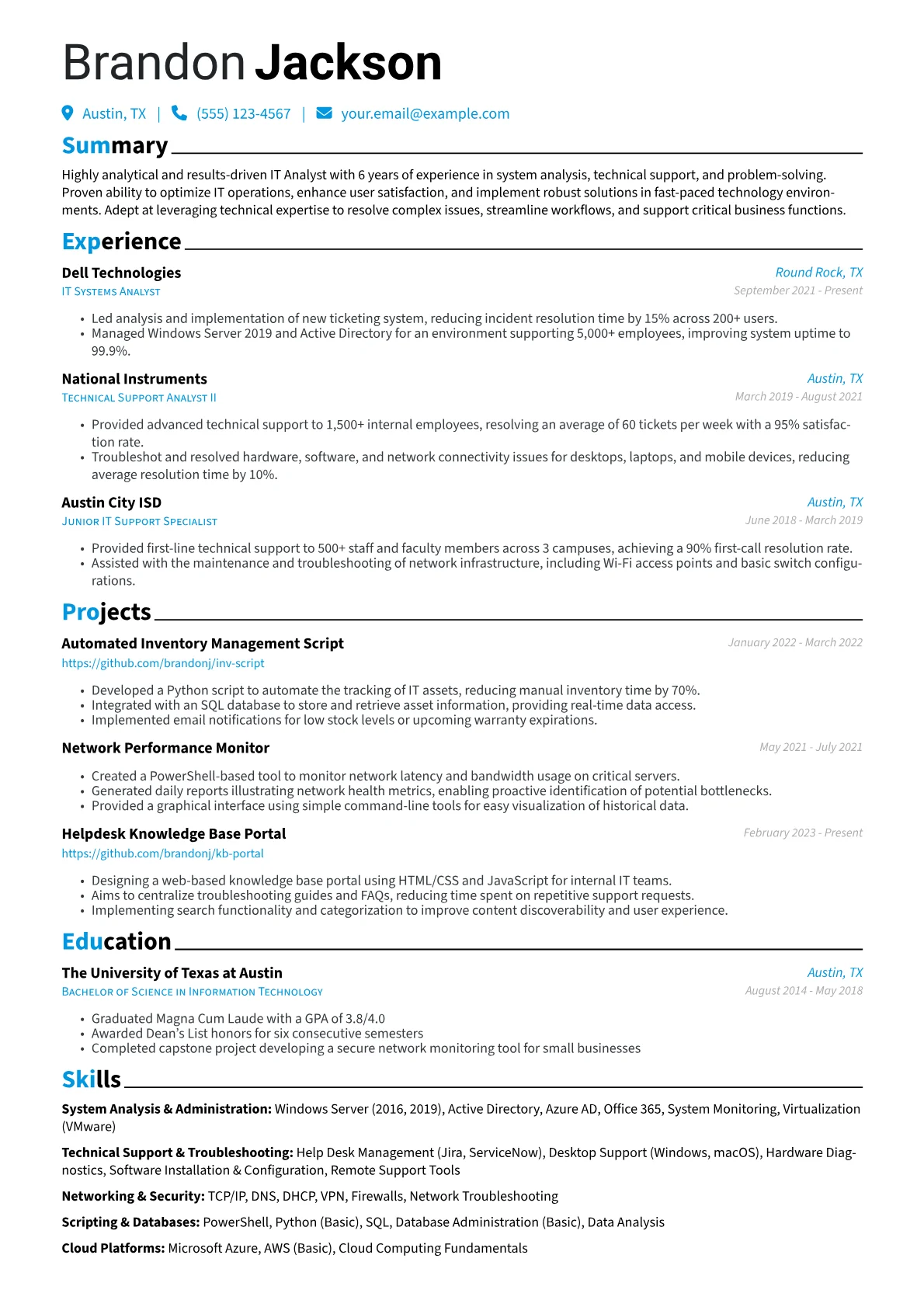 IT Analyst Resume Example CV template - Page 1