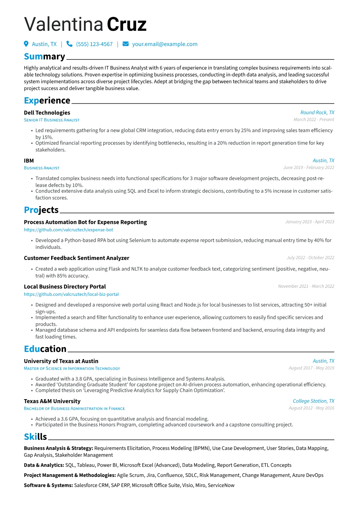 IT Business Analyst Resume Example CV template - Page 1