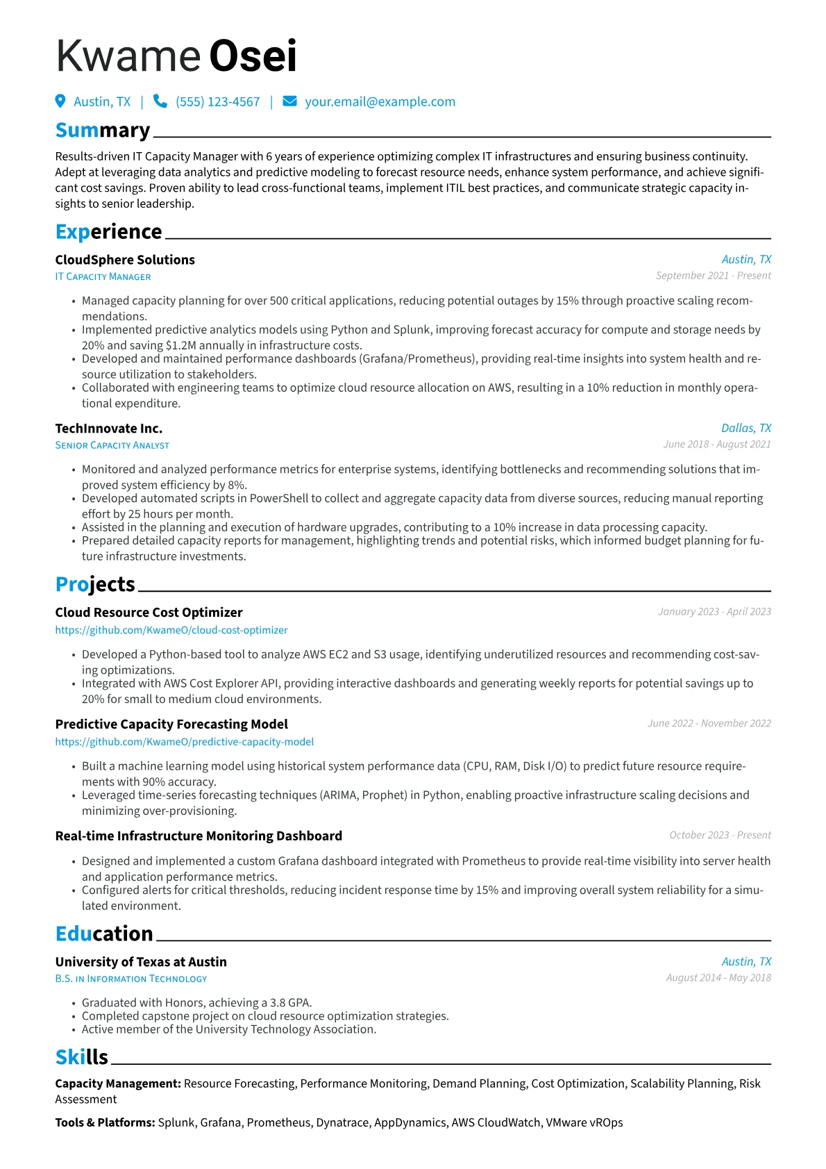IT Capacity Manager Resume Example CV template - Page 1