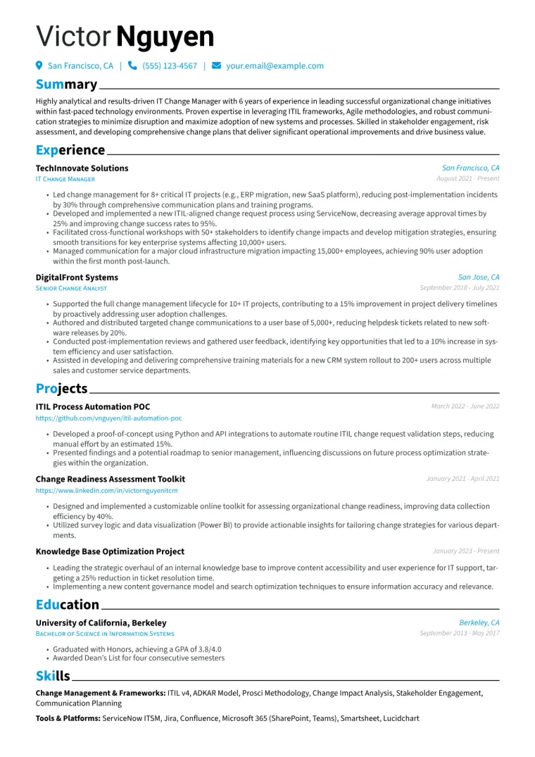 IT Change Manager Resume Example CV template preview