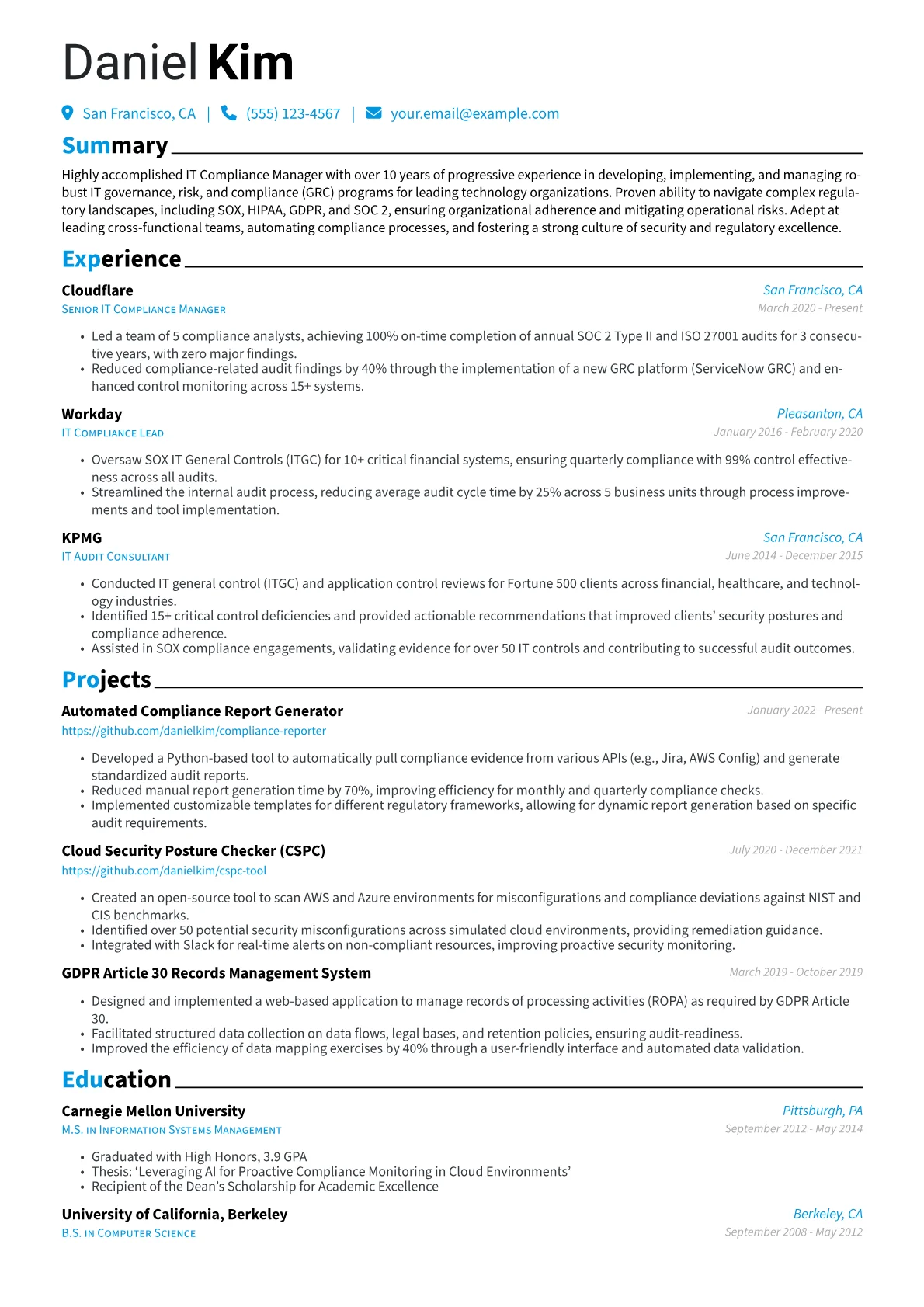 IT Compliance Manager Resume Example CV template - Page 1