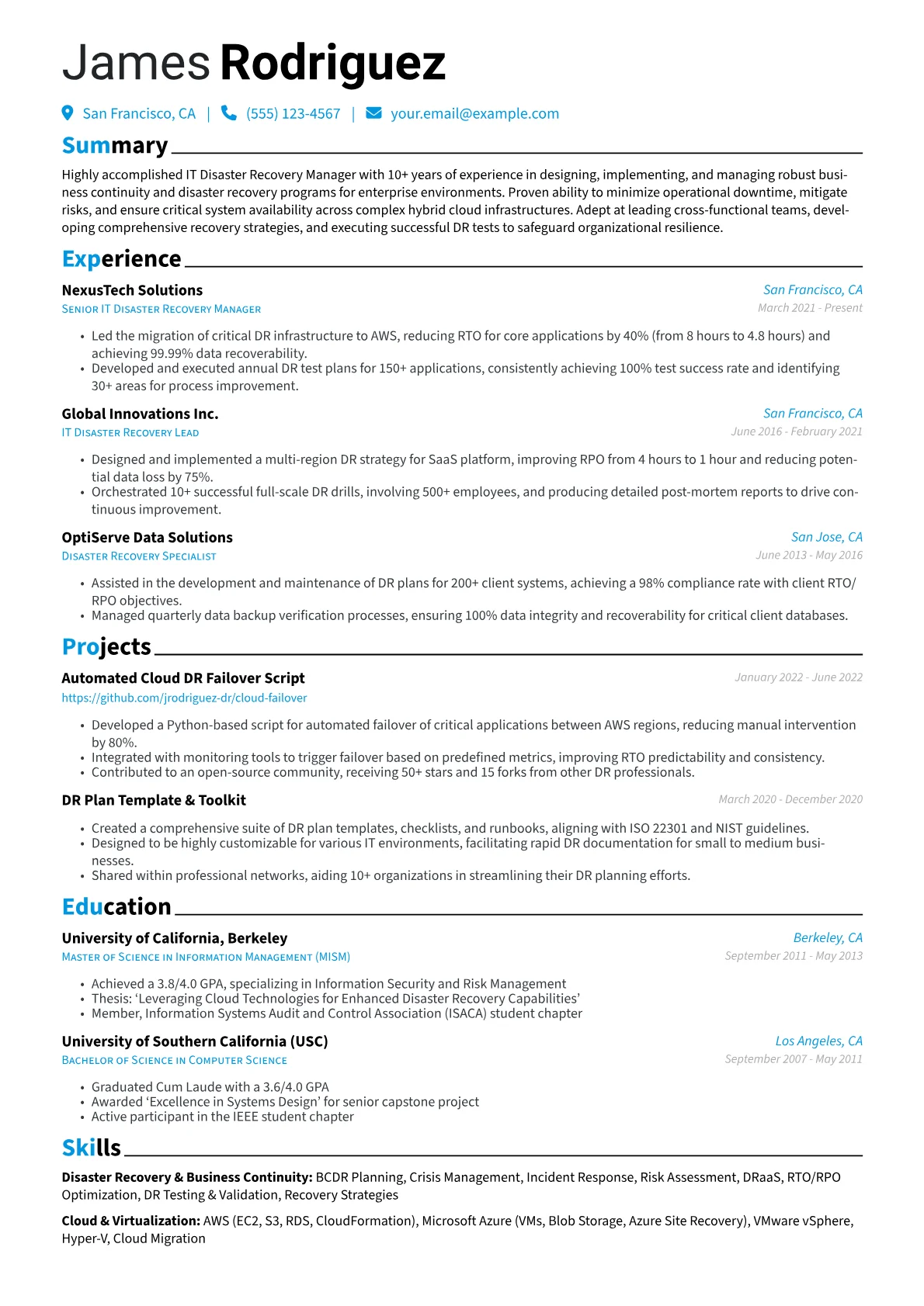 IT Disaster Recovery Manager Resume Example CV template - Page 1