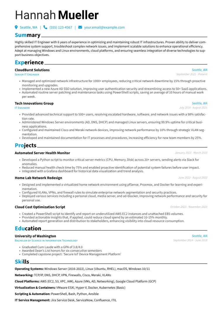 IT Engineer Resume Example CV template preview