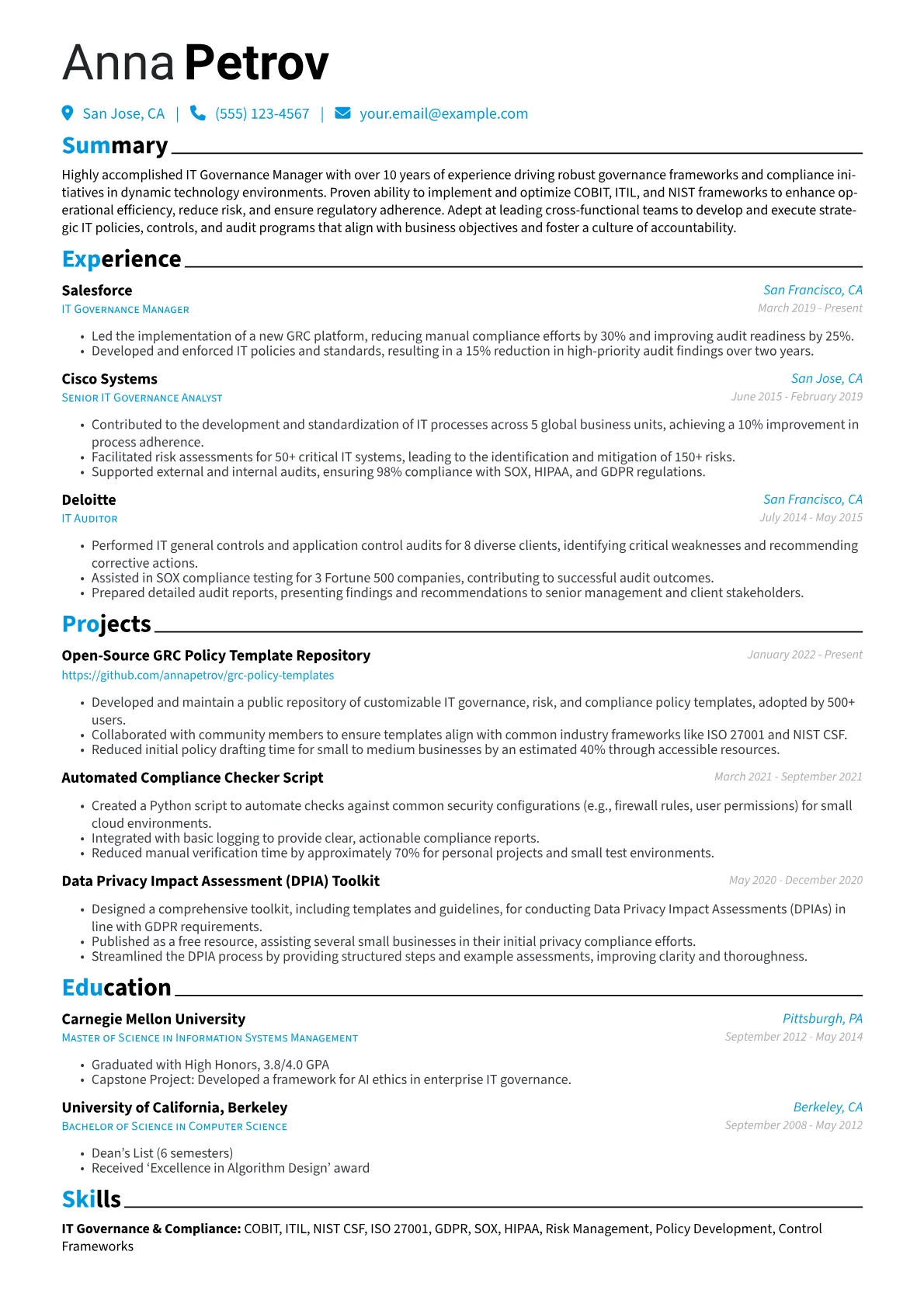 IT Governance Manager Resume Example CV template - Page 1