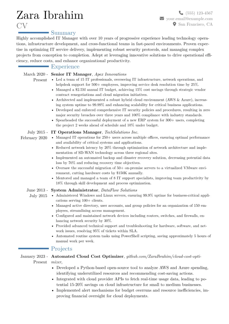 IT Manager Resume Example CV template preview