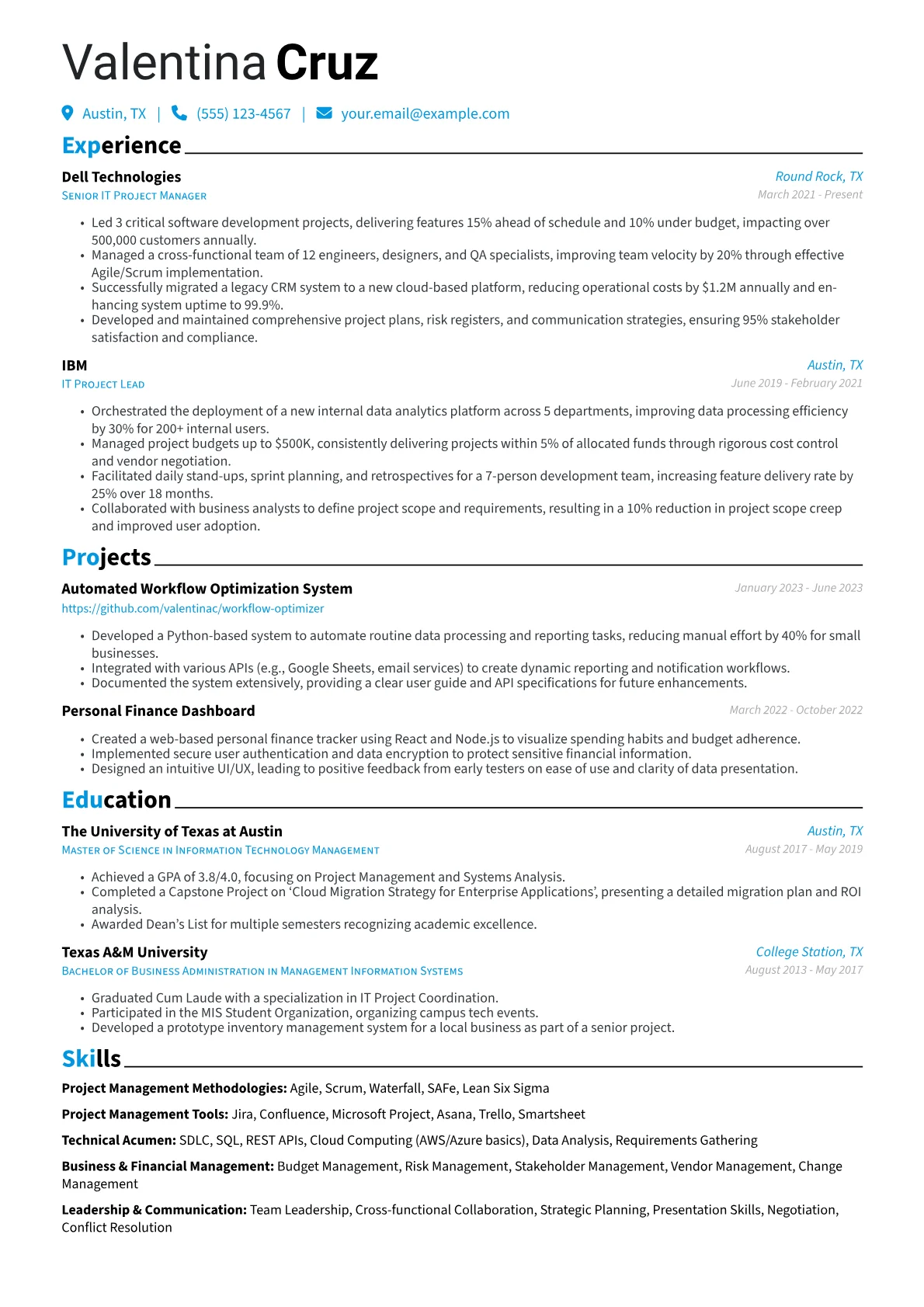 IT Project Manager Resume Example CV template - Page 1