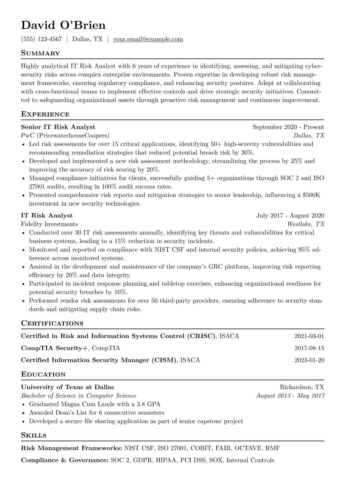 IT Risk Analyst Resume Example CV template - Page 1