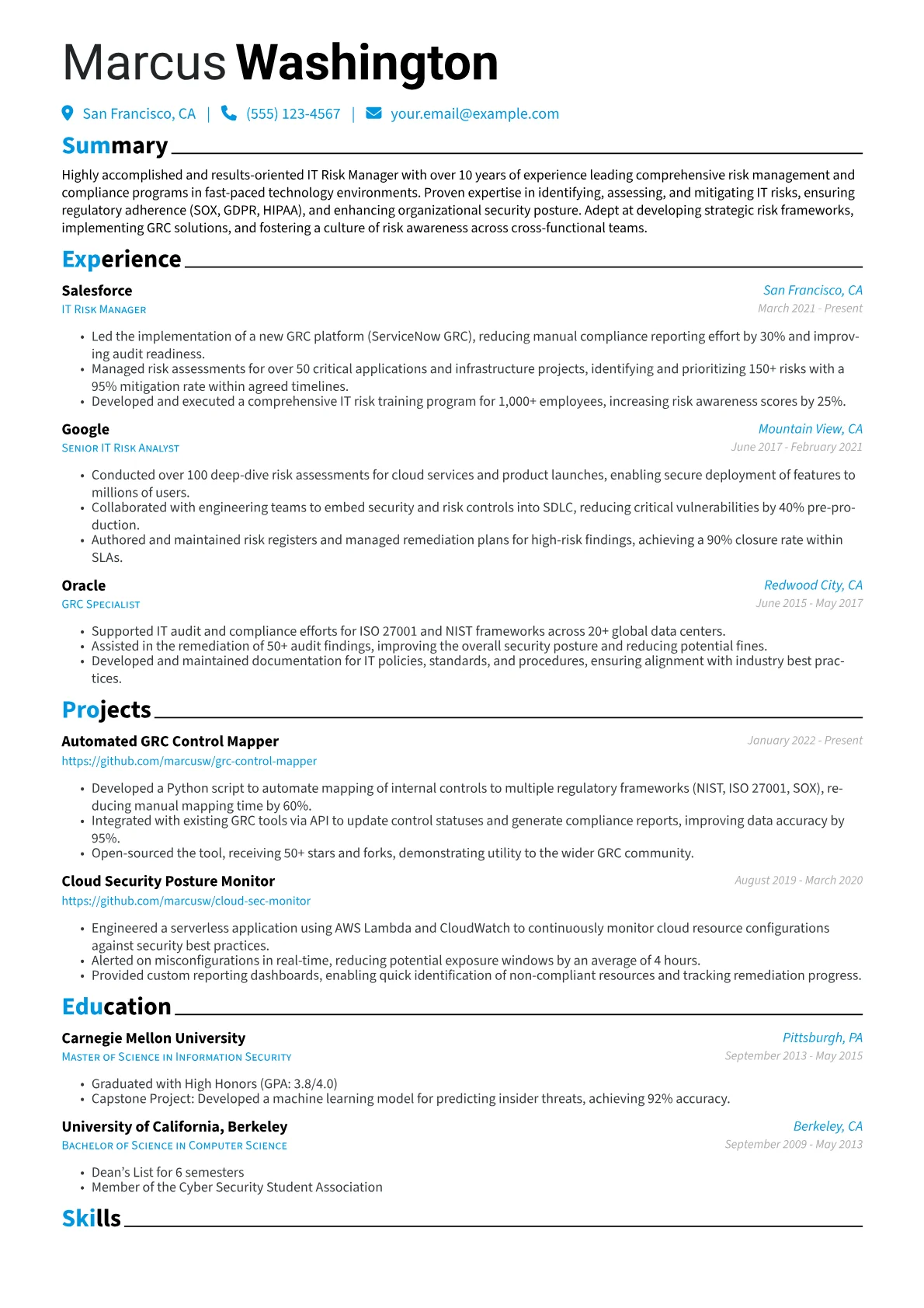 IT Risk Manager Resume Example CV template - Page 1