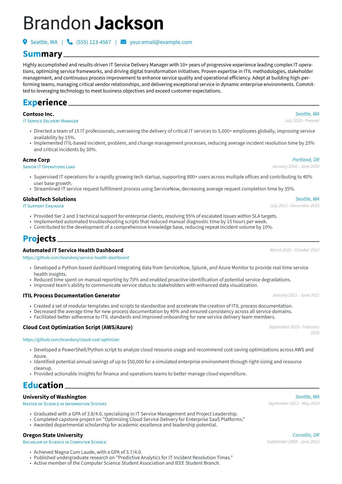 IT Service Delivery Manager Resume Example CV template - Page 1