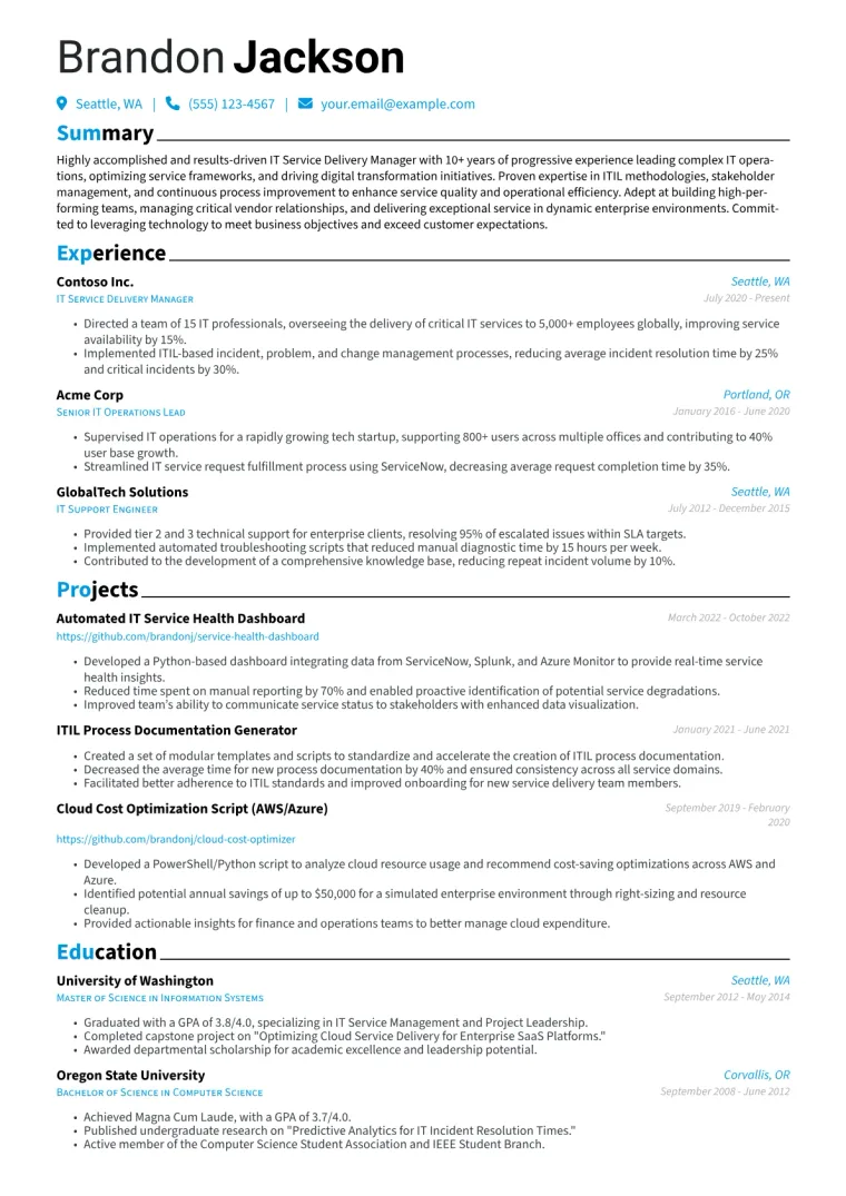 IT Service Delivery Manager Resume Example CV template preview