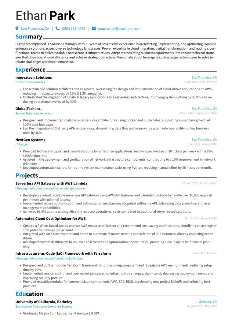 IT Solutions Manager Resume Example CV template preview