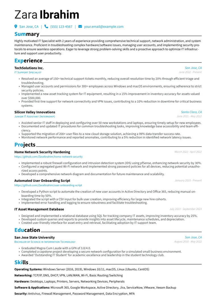 IT Specialist Resume Example CV template preview