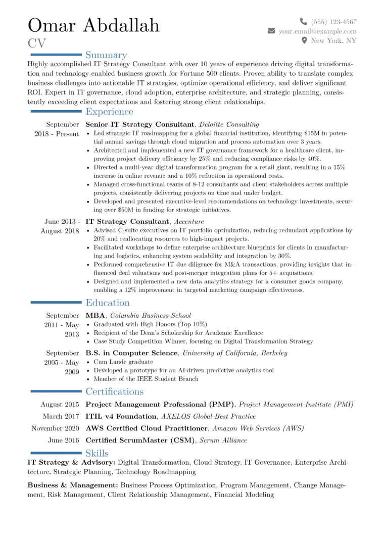 IT Strategy Consultant Resume Example CV template preview
