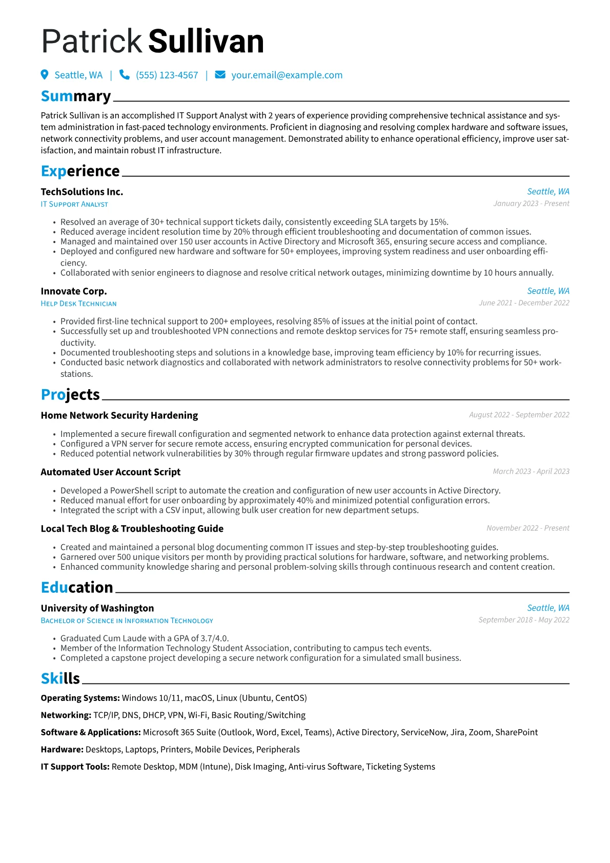 IT Support Analyst Resume Example CV template - Page 1